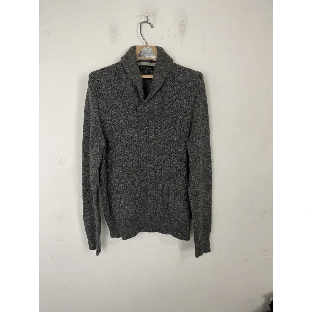 Banana Republic Mens‎ Sweater Medium Gray Lambswool Blend Shawl Collar Fisherman